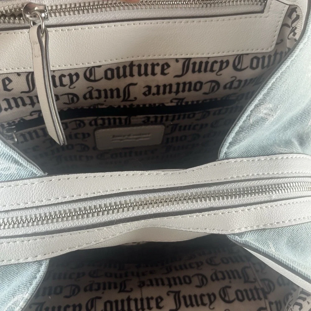 Juicy Couture Denim Monogram Back To Class Backpack RhinestoneLogo WhiteTrim NWT